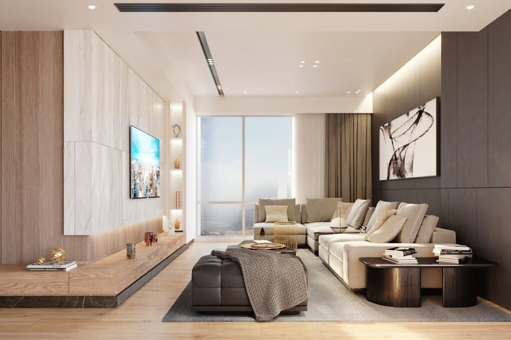 2 BHK living room interior at Northern Lights by Puravankara, Tower Ascent, North Bangalore